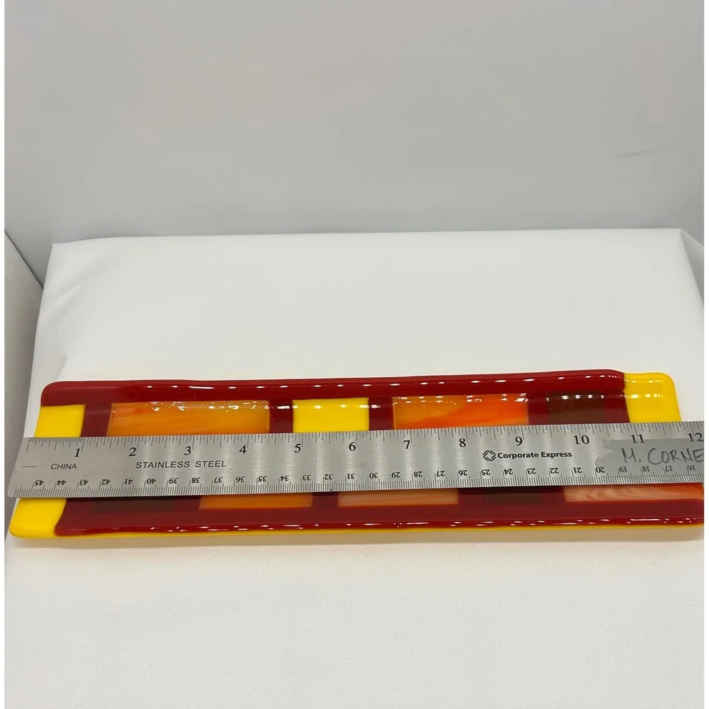 Handmade Fused Glass Geometric Rectangular Tray Yellow Orange Red 12 Inch